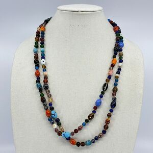 Womens Necklace Art Glass Beaded Blue Orange Colorful 8mm Single Strand Estate